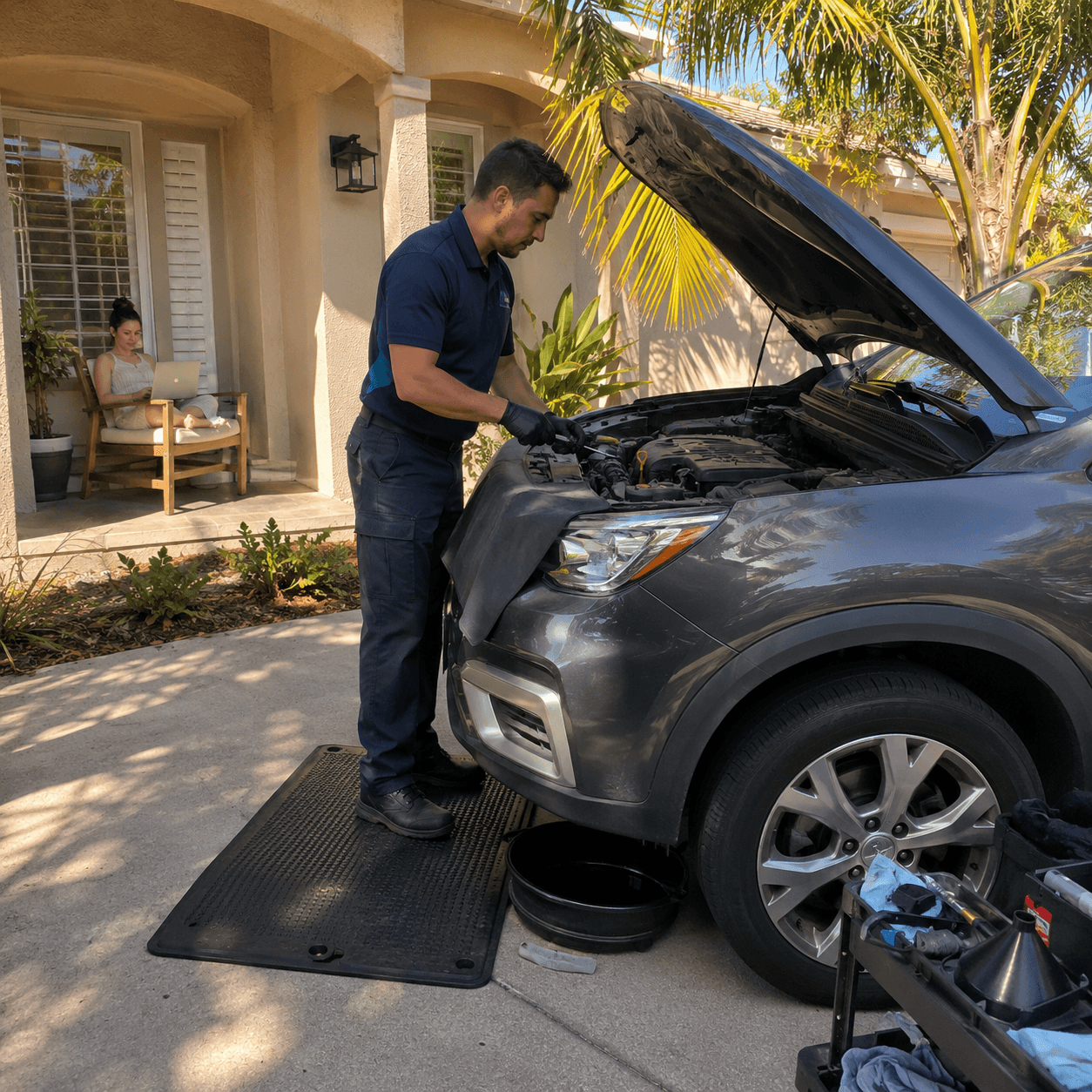 Vehicle prepared for mobile oil service in a residential driveway